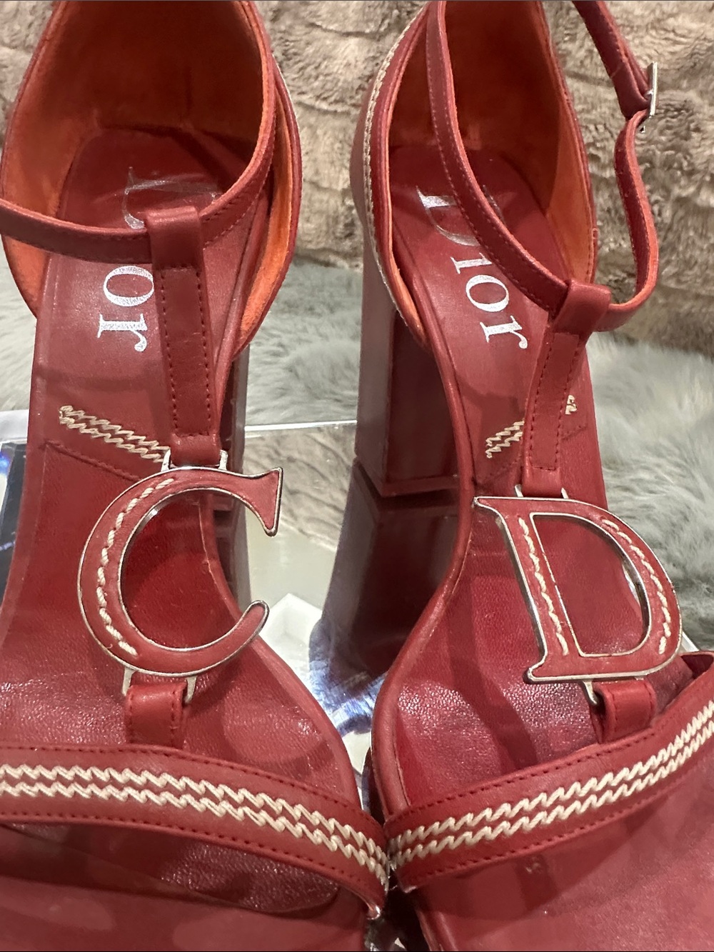 RARE DIOR C D logo Red T-Strap Block Heel dress shoes with white stitching 4’ - Picture 3 of 14
